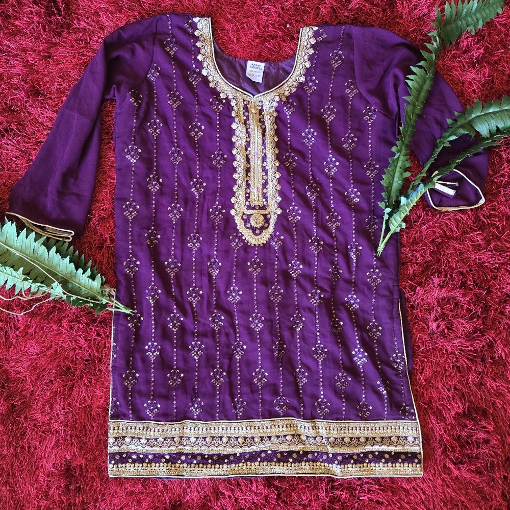 Purple Embroidered Kurta with Gold Accents - Picture 1 of 5